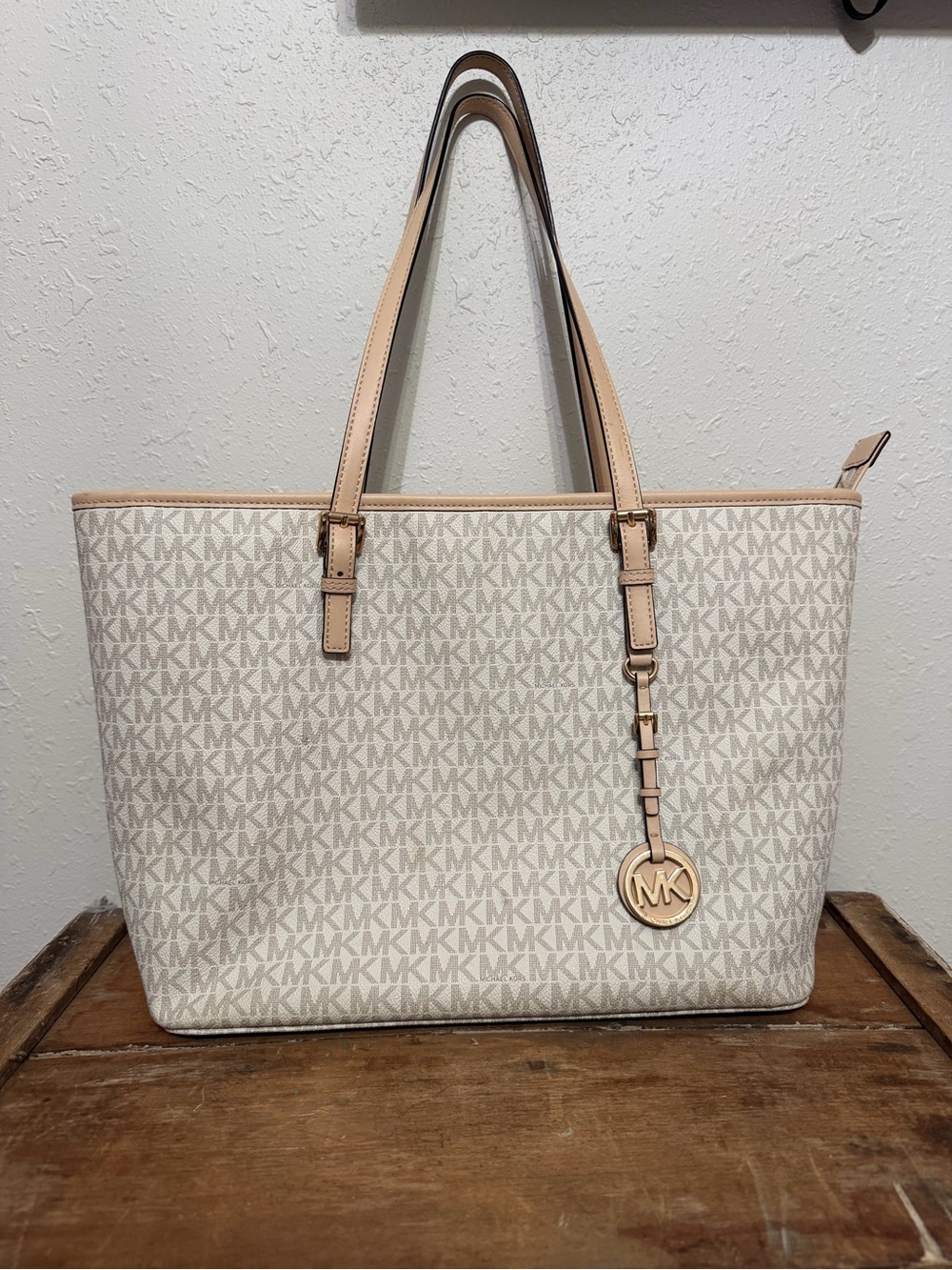 Michael Kors Cream and Tan Logo Tote with Gold MK Charm